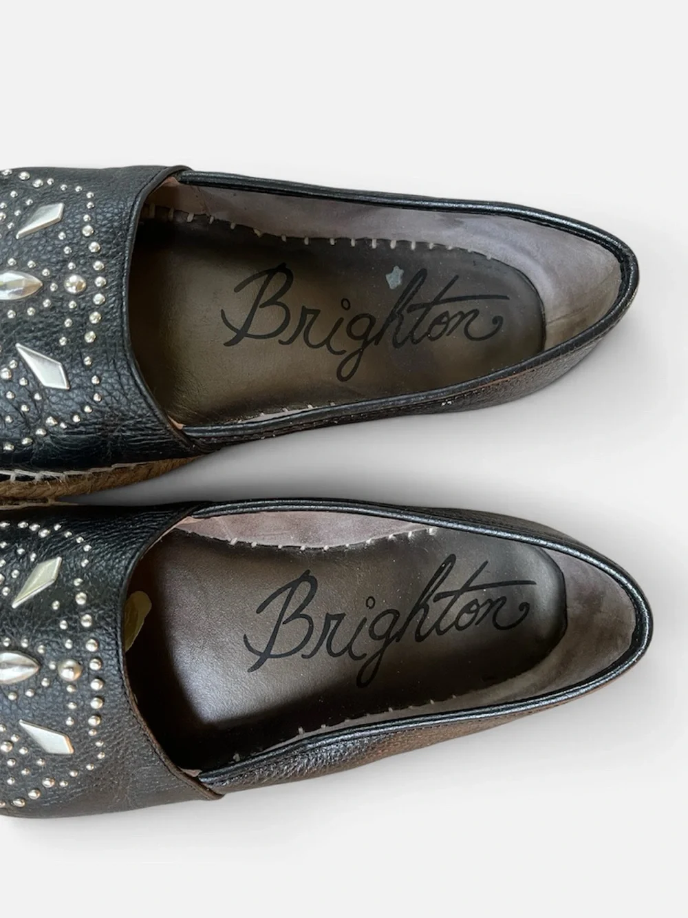 Brighton Jett Leather Studded Espadrille Moccasin Flat in Black Size 6